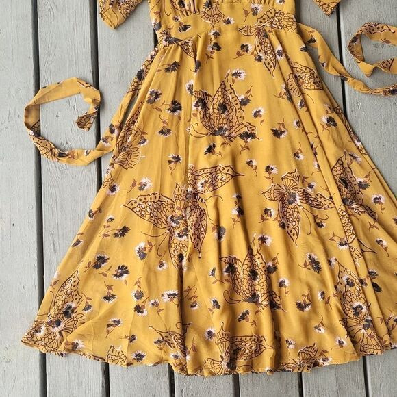NWT Free People Mustard Yellow Bonnie Butterfly Keyhole Boho‎ Midi Dress 2 - Picture 8 of 11